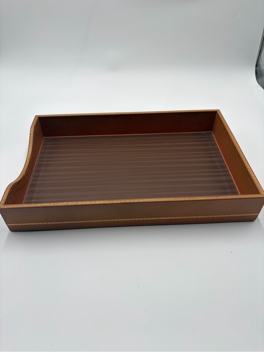 Leather-Style Brown Document Tray with Gold Trim
